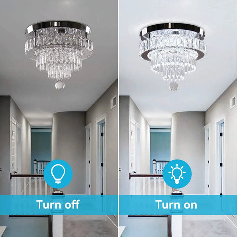 Dimmable Crystal LED Flush Mount Ceiling Light With Remote Control, 11.8 Inch, in hallway, turned off and on display.