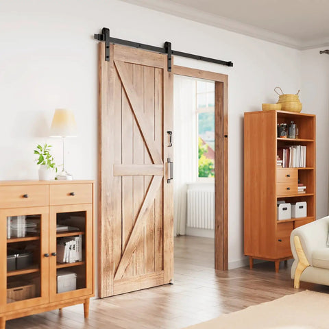 Six Foot Sliding Barn Door Hardware Kit With 265 Lb Capacity Fits Doors Up To 36 Inches installed in modern living room