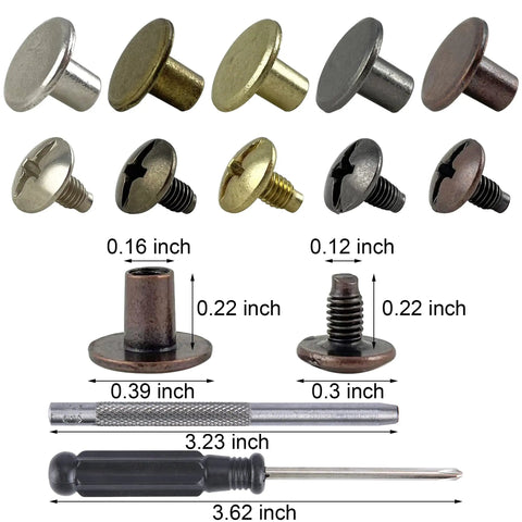 Hella Durable 125 Piece Chicago Screw Kit With Five Mixed Metallic Shades For Leather Crafting Shoes And Bags Includes Quick Install Tools And Neat Plastic Case Features Smooth Round Flat Heads For Garment Making And Repairs, showing various screw sizes and tools.