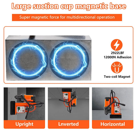Large suction cup magnetic base features for Heavy Duty 110V Magnetic Drill Press With 1800W Copper Core Motor.