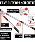 Heavy Duty Extendable Loppers With Telescopic 28 to 41 Inch Reach, showing aluminum handles and ergonomic TPR grip features.