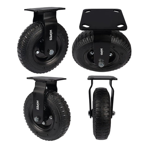 Built Tough 8 Inch Heavy Duty Pneumatic Casters Set Of Four With Two Swivel And Two Rigid Wheels showing durable rubber wheels for utility carts.