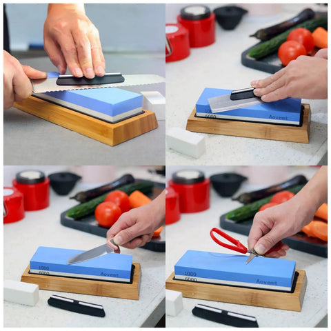 Double Sided Knife Sharpening Stone Kit With Grit 1000 And 6000 Wet Stone Non Slip Base Angle Guide And Flattening Stone in use