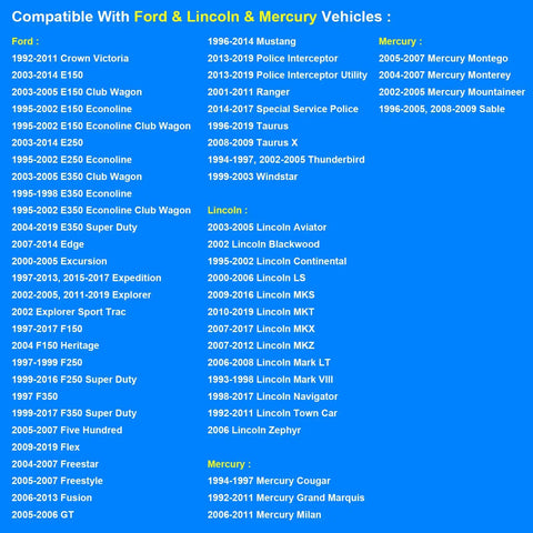 Compatibility list for Ford, Lincoln, and Mercury vehicles; models and years including F150, Explorer, Mustang, Taurus.