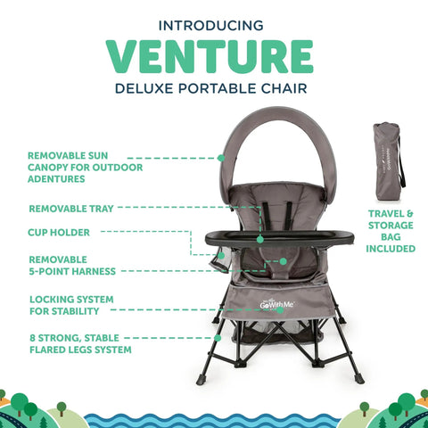 Go With Me Venture Portable Toddler Chair On The Go With Sun Canopy For Indoor And Outdoor Use, Folds Flat In Carry Bag, Grey