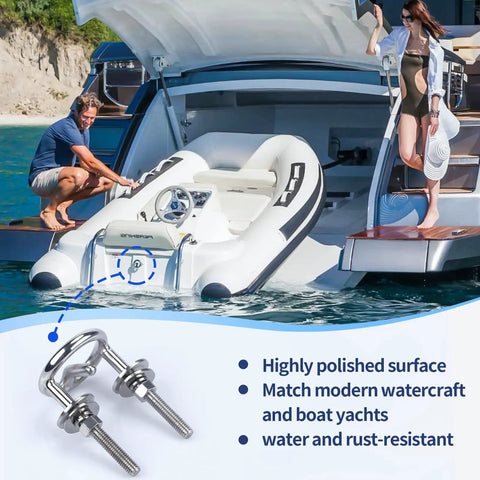 316 Stainless Steel Transom Mount Ski Tow Eye for Boats and Kayaks on a yacht with attached inflatable dinghy.