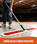 Make Spotless Floors A Snap With This 36 Inch Commercial Dust Mop Boasting A Thick Microfiber Head For Zero Hassle Tile And Hardwood Sweeping And Wet Mopping In Red, being used on a gym floor.