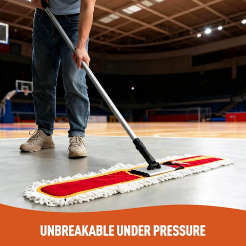 Make Spotless Floors A Snap With This 36 Inch Commercial Dust Mop Boasting A Thick Microfiber Head For Zero Hassle Tile And Hardwood Sweeping And Wet Mopping In Red, being used on a gym floor.