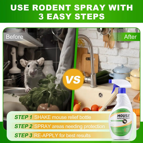 Before and after use of Minty Fresh Peppermint Oil Rodent Spray For Indoor And Outdoor Use Deters Mice Rats Squirrels And Other Pests In Homes Yards Garages Warehouses And Cars 16 Oz Easy To Use Odor That Deters Pests with images of kitchen area affected by rodents on the left and clean kitchen area on the right with product bottle shown