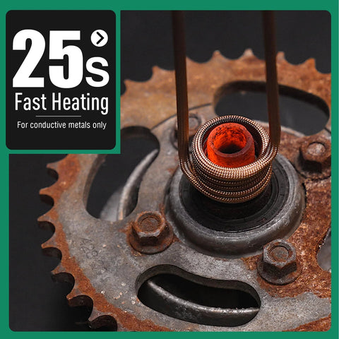 Induction heater bolt removal tool, close-up view with copper coil around rusted sprocket hub on a rusty gear.