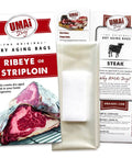 Package of dry aging bags for meat pack of 3 for easy home steak aging with ribeye and striploin up to 18 lbs no vacuum sealer needed.