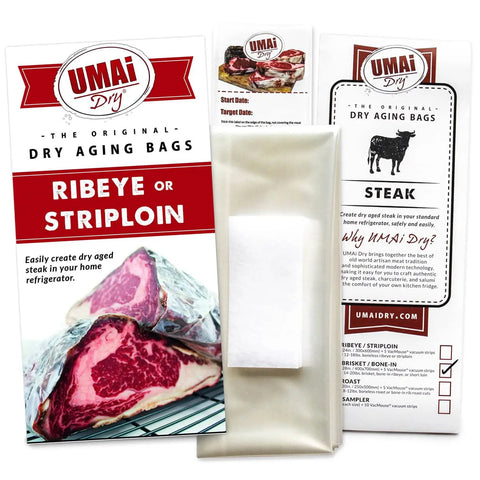 Package of dry aging bags for meat pack of 3 for easy home steak aging with ribeye and striploin up to 18 lbs no vacuum sealer needed.