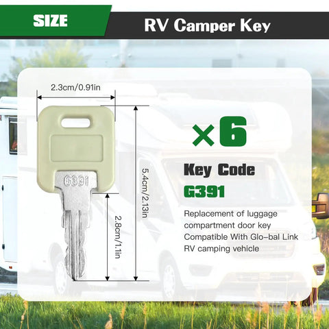 Six Key Set G391 G-391 RV Keys For Motorhome Trailer Camper And Baggage Door Locks illustration with measurements and RV
