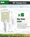 Size dimensions of Six Pack G391 RV Keys for Global Link Fastec Bauer Lippert Components shown with key code