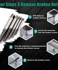 Left Handed Drill Bit And Screw Extractor Kit With Cobalt Steel, Ten Piece Pro Grade Set and steps for using extractor.