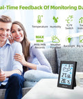 Wireless Indoor Outdoor Thermometer Weather Station With Clock, Battery Powered, shown on a table with people nearby.