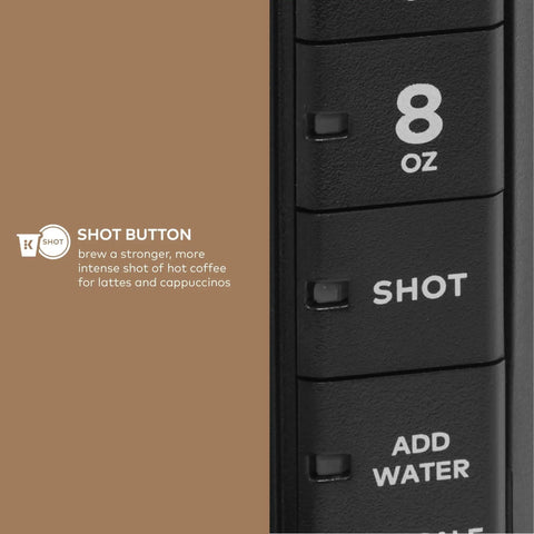 Close-up view of the two oz shot button on the Barista Style Single Serve Coffee Maker With Built In Milk Frother For Hot Or Iced Lattes And Cappuccinos, Three Brew Sizes, Two Oz Shot Button, Works With Any K Cup Pod, Black.