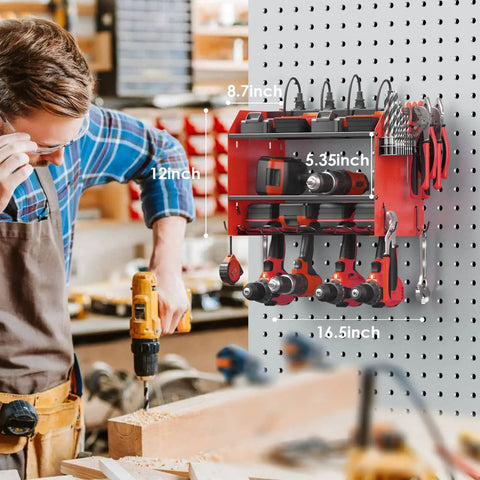Heavy Duty Wall Mount Power Tool Organizer With Charging Station, Red drill storage on pegboard in workshop, size shown.