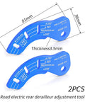 12 Speed Di2 Derailleur Adjustment Tool 2 Pack for Road Bikes Electronic Shifters With Precise Tuning Gauge On The Go Or In The Shop Use Compatible With Shimano R7100 R8150 R9250, blue metal tool with specifications and measurements.