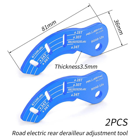 12 Speed Di2 Derailleur Adjustment Tool 2 Pack for Road Bikes Electronic Shifters With Precise Tuning Gauge On The Go Or In The Shop Use Compatible With Shimano R7100 R8150 R9250, blue metal tool with specifications and measurements.