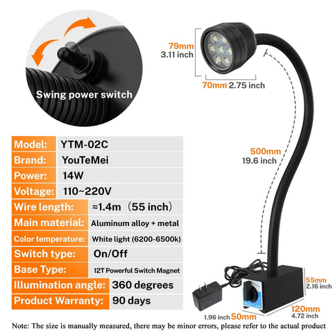 Led Magnetic Work Light With Flexible Gooseneck And 12T Magnetic Base, IP65 Waterproof 1400 Lumens For Lathe Milling Drill Press, Industrial Shop Lighting, Pro Grade Tough As Nails Hands Free