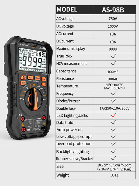 Digital Multimeter With Auto Range, 9999 Counts, Measures DC And AC Voltage, Current, Resistance And Diodes, product specs