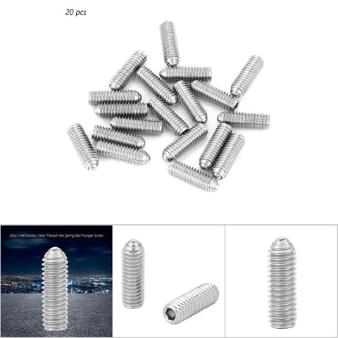 Top Shelf M4x12 Hex Spring Ball Plunger Screws Premium Stainless Steel Bead Fasteners 20 Piece Kit, showing screws from above.