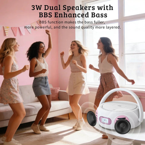 All In One Portable Boombox CD Player With Bluetooth for home or outdoors on table near dancing women indoors