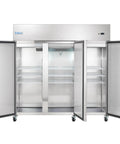 Premium Commercial Reach In Beverage Merchandiser With Three Swing Solid Doors And Sleek Stainless Build Keep It Frosty For Your Store Or Bar 81 Inch Wide 66 Cubic Foot Capacity Built Tough For Daily Grind, open view showing interior racks.