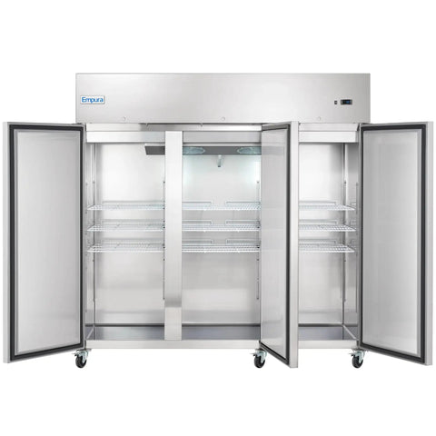 Premium Commercial Reach In Beverage Merchandiser With Three Swing Solid Doors And Sleek Stainless Build Keep It Frosty For Your Store Or Bar 81 Inch Wide 66 Cubic Foot Capacity Built Tough For Daily Grind, open view showing interior racks.
