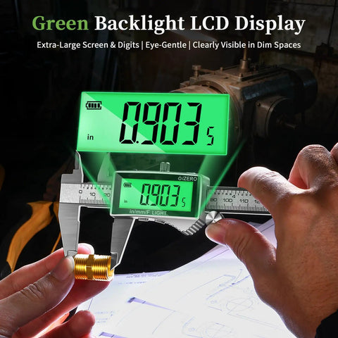6 Inch Digital Caliper With Large Backlit LCD Display showing measurement on stainless steel vernier, DIY and 3D printing tool