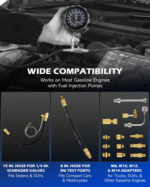 Orion Motor Tech fuel pressure test kit with 0-140 psi gauge, hoses and adapters displayed on a car engine bay