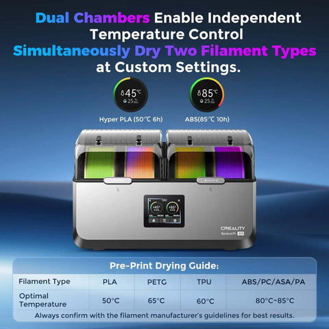 Space Pi X4 Filament Dryer showing dual chambers drying Hyper PLA and ABS with LCD touch screen for temperature control.