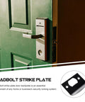 Stainless Steel Door Strike Plate Black For Exterior Doors Beefed Up Deadbolt Reinforcement And Adjustable Latch Restorer Easy Install Home Security Upgrade shown installed on a green door.