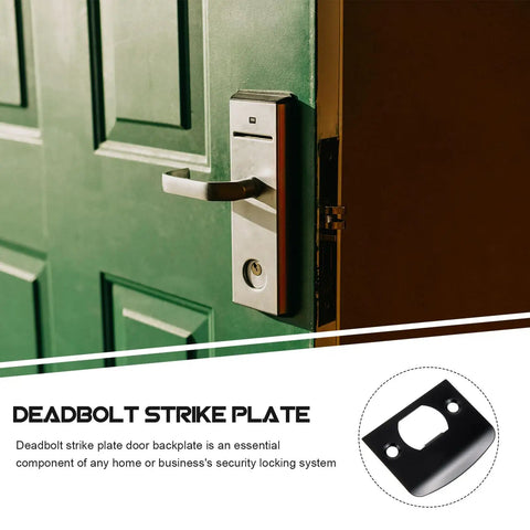 Stainless Steel Door Strike Plate Black For Exterior Doors Beefed Up Deadbolt Reinforcement And Adjustable Latch Restorer Easy Install Home Security Upgrade shown installed on a green door.