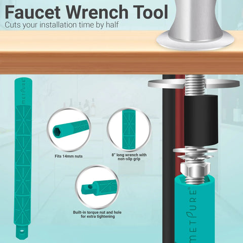 Faucet Wrench Tool designed for quick installations, 8-inch length, fits 14mm nuts, features durable non-slip grip.