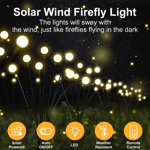 Solar Powered Firefly Lights 4 Pack With 8 LEDs Each illuminating a garden pathway, emphasizing outdoor waterproof decor.