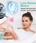 Replacement Bathroom Exhaust Fan Motor Assembly For Broan Nutone QTN80L QTR080 QTR070L QTR070 QTRN080L QTN80LA DIY Friendly Plug And Play Upgrade For Home Bath Vent Fans, shown with features emphasizing low noise and strong wind next to a person relaxing in a bath.