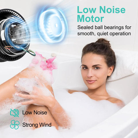Replacement Bathroom Exhaust Fan Motor Assembly For Broan Nutone QTN80L QTR080 QTR070L QTR070 QTRN080L QTN80LA DIY Friendly Plug And Play Upgrade For Home Bath Vent Fans, shown with features emphasizing low noise and strong wind next to a person relaxing in a bath.