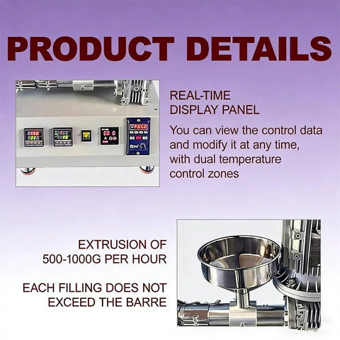 Slick Benchtop Plastic Extruder For Labs showing real-time display panel with dual temperature controls and extruder specifications.