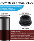 Diagram showing round plastic plug end caps for tubing, focus on size 0.78-0.82 inch, with installation notice. Twenty Pack Seven Eighths Inch Round Plastic Plug End Caps For Furniture Tubing Fit Inner Diameter 0.78 To 0.82 Inch Black Durable PE Suitable For DIY Projects Home Improvement And Industrial Use.