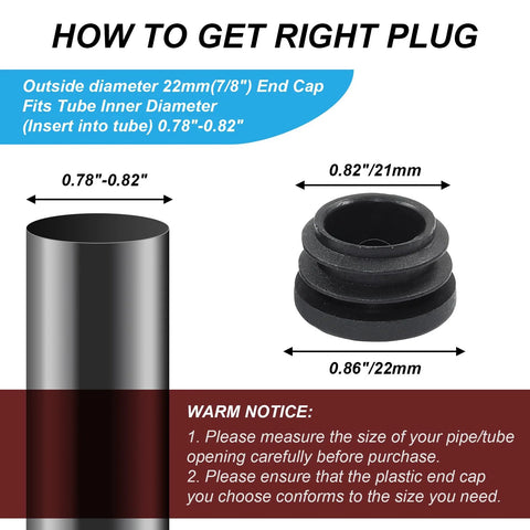 Diagram showing round plastic plug end caps for tubing, focus on size 0.78-0.82 inch, with installation notice. Twenty Pack Seven Eighths Inch Round Plastic Plug End Caps For Furniture Tubing Fit Inner Diameter 0.78 To 0.82 Inch Black Durable PE Suitable For DIY Projects Home Improvement And Industrial Use.