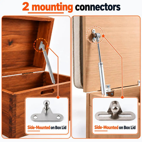 Top Tier Toy Box Hinges 2 Pack With 150N Soft Close Gas Struts For Heavy Lids showing two mounting connectors on box lid.
