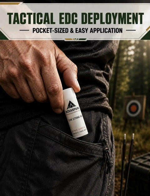 Man placing 6 Pack Twist Up Bowstring Wax Sticks Odorless All Weather Waterproof String Conditioner Kit for Crossbow Strings in pocket