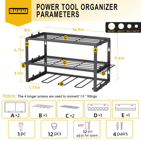 Dimensions and assembly guide for Power Tool Organizer For Wall Mounted Garage with 4 Drill Holders and 3 Layer Tool Rack.