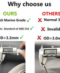 Diagram comparing T316 marine grade wire rope vs normal 304 with a micrometer measurement tool, emphasizing advantages of T316.