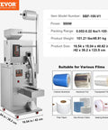 Straight Up Automatic Weighing And Sealing Bag Packing Machine For Flours Beans Grains 1 To 100 Grams showing size and components.