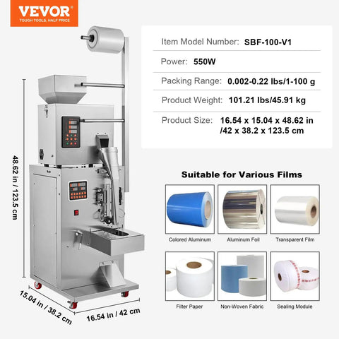 Straight Up Automatic Weighing And Sealing Bag Packing Machine For Flours Beans Grains 1 To 100 Grams showing size and components.
