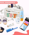 Clear Sunscreen Bag For Beach Days And Travel Waterproof Toiletry Organizer Pouch with SPF Essentials Displayed