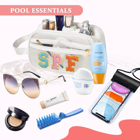 Clear Sunscreen Bag For Beach Days And Travel Waterproof Toiletry Organizer Pouch with SPF Essentials Displayed